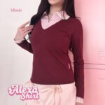 missie alexa kaos layer kemeja kotak v neck preppy look lengan panjang wanita