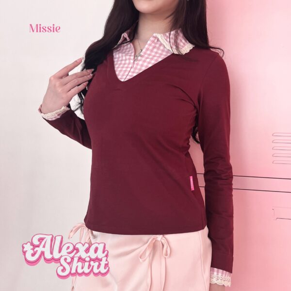 missie alexa kaos layer kemeja kotak v neck preppy look lengan panjang wanita
