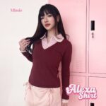 missie alexa kaos layer kemeja kotak v neck preppy look lengan panjang wanita