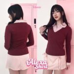missie alexa kaos layer kemeja kotak v neck preppy look lengan panjang wanita