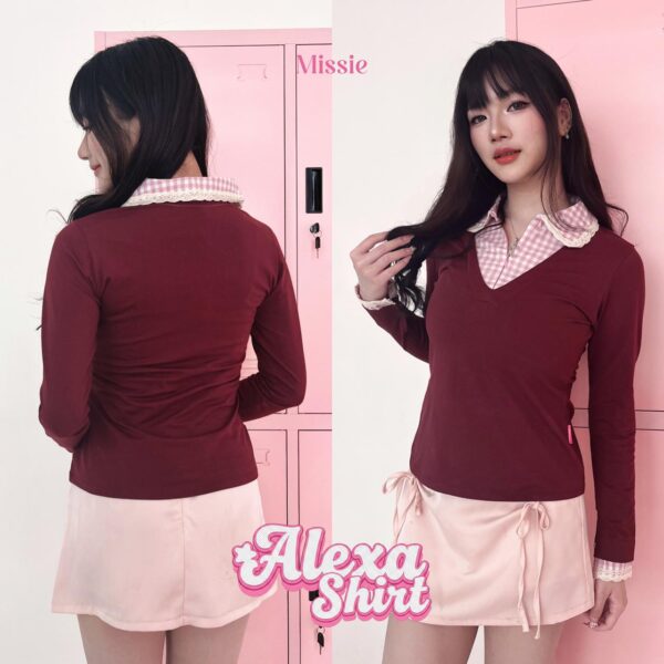 missie alexa kaos layer kemeja kotak v neck preppy look lengan panjang wanita