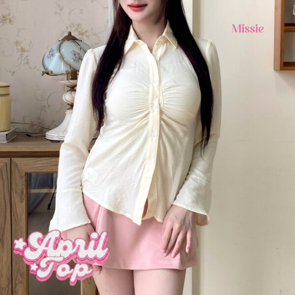 missie april top kemeja wanita kerut depan slim fit lengan panjang model flare
