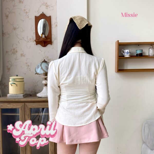 missie april top kemeja wanita kerut depan slim fit lengan panjang model flare