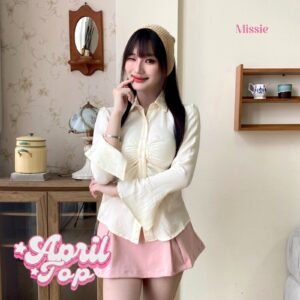 missie april top kemeja wanita kerut depan slim fit lengan panjang model flare