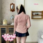 missie april top kemeja wanita kerut depan slim fit lengan panjang model flare