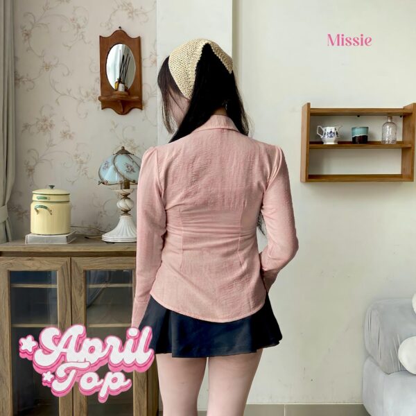 missie april top kemeja wanita kerut depan slim fit lengan panjang model flare