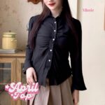 missie april top kemeja wanita kerut depan slim fit lengan panjang model flare