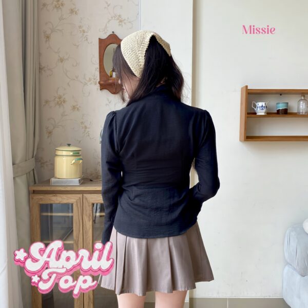 missie april top kemeja wanita kerut depan slim fit lengan panjang model flare
