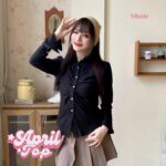 missie april top kemeja wanita kerut depan slim fit lengan panjang model flare