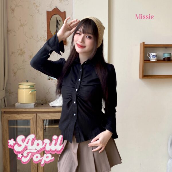 missie april top kemeja wanita kerut depan slim fit lengan panjang model flare