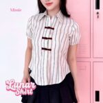 missie lunar kemeja wanita stripe slim fit lengan pendek cheongsam button korean style