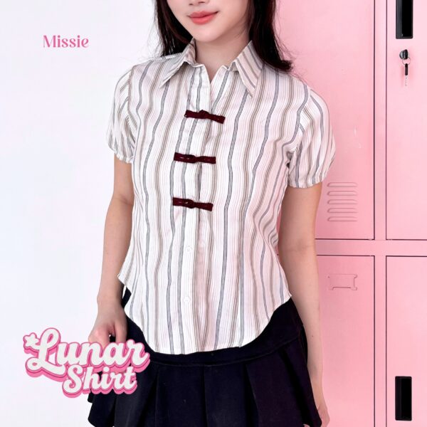 missie lunar kemeja wanita stripe slim fit lengan pendek cheongsam button korean style