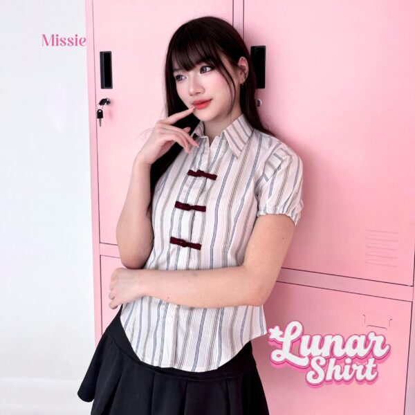 missie lunar kemeja wanita stripe slim fit lengan pendek cheongsam button korean style