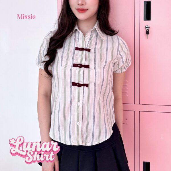 missie lunar kemeja wanita stripe slim fit lengan pendek cheongsam button korean style