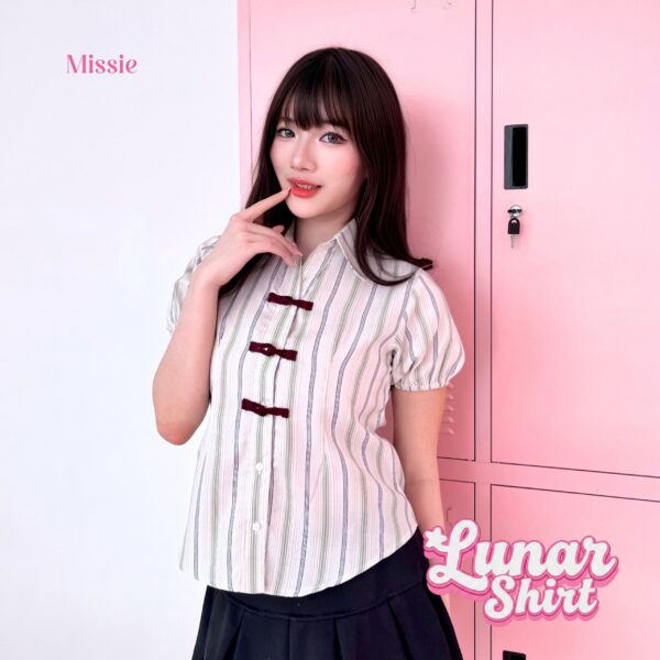 missie lunar kemeja wanita stripe slim fit lengan pendek cheongsam button korean style