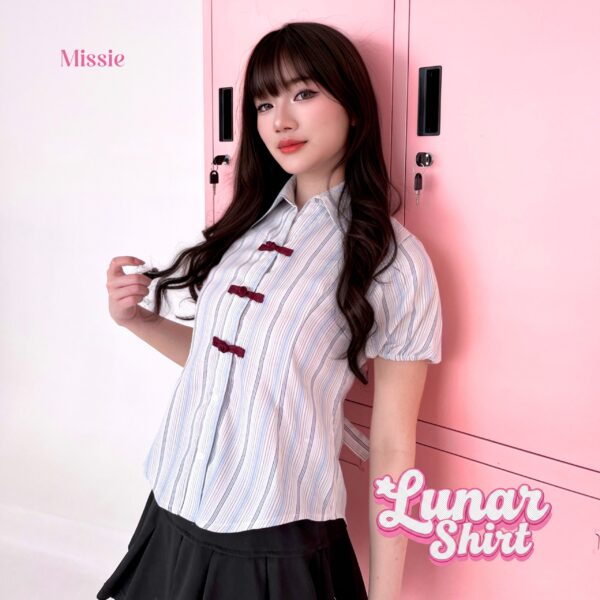 missie lunar kemeja wanita stripe slim fit lengan pendek cheongsam button korean style