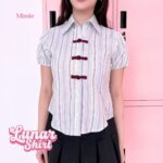 missie lunar kemeja wanita stripe slim fit lengan pendek cheongsam button korean style