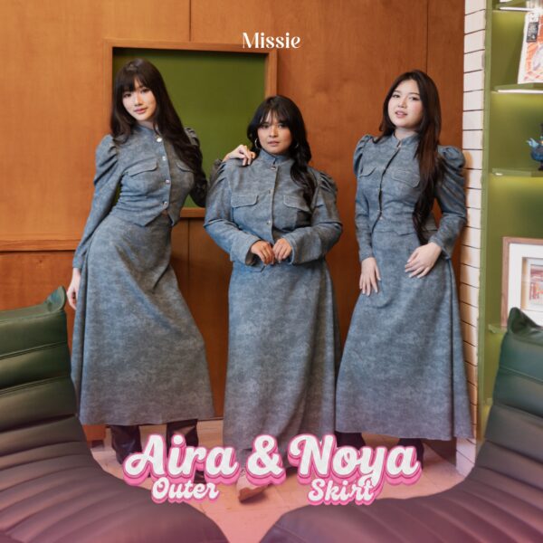 missie aira noya one set outer lengan panjang dan rok panjang a line denim wanita