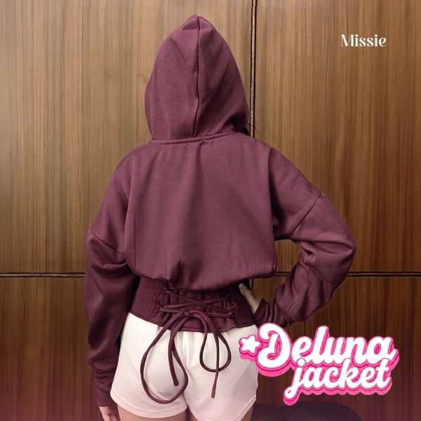 missie deluna jacket fleece crop hoodie wanita dengan tali belakang