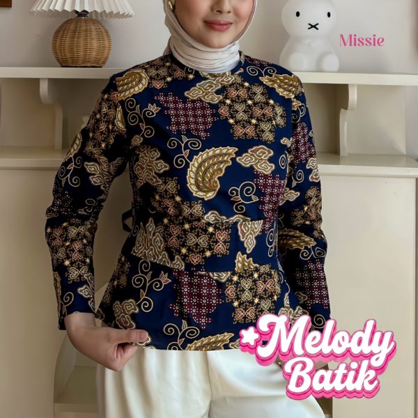 missie melody blouse batik wanita lengan panjang modern dengan ikat pinggang lepas pasang