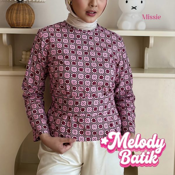 missie melody blouse batik wanita lengan panjang modern dengan ikat pinggang lepas pasang