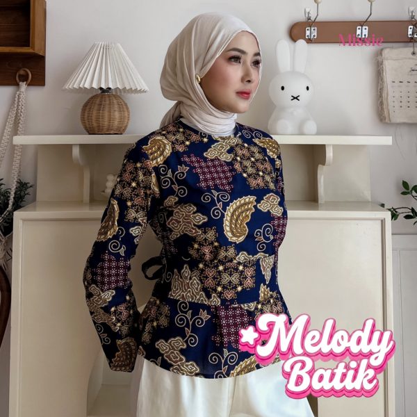 missie melody blouse batik wanita lengan panjang modern dengan ikat pinggang lepas pasang