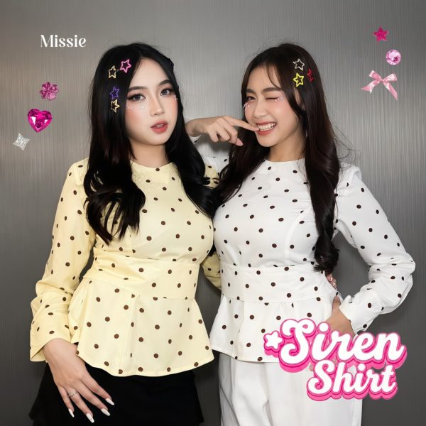 missie siren blouse polkadot wanita lengan panjang dengan belt pinggang