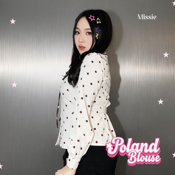 missie poland kemeja polkadot wanita lengan panjang kerah pita