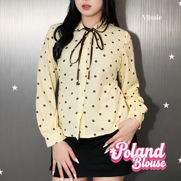 missie poland kemeja polkadot wanita lengan panjang kerah pita