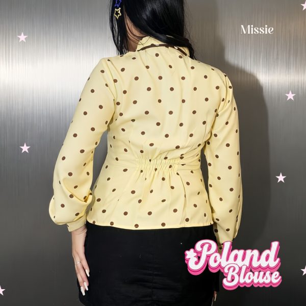 missie poland kemeja polkadot wanita lengan panjang kerah pita